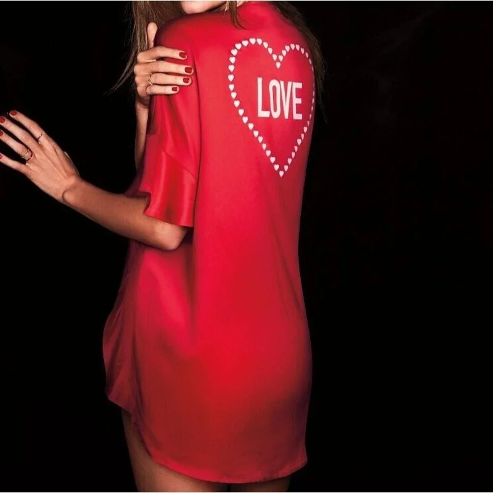 Victoria's Secret Nightgown Kimono Women One Size Ruffle Satin Red Love